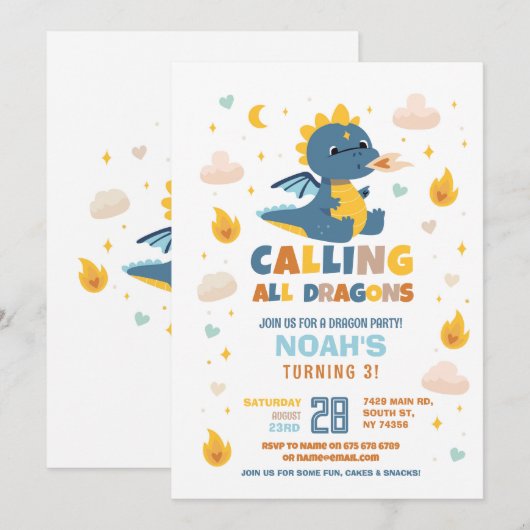 Dragon Verjaardagsfeestje Blauw Vuur Draken Jongen Kaart (Voorkant / Achterkant)