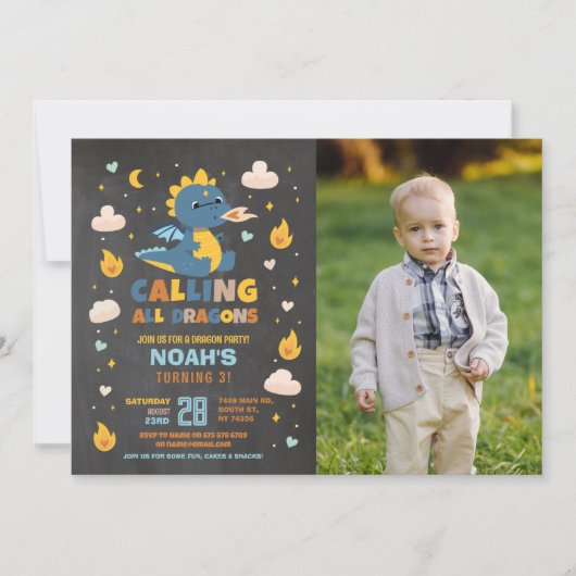 Dragon Verjaardagsfeestje Blauwe Foto Draken Jonge Kaart (Voorkant)