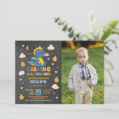 Dragon Verjaardagsfeestje Blauwe Foto Draken Jonge Kaart (Staand voorkant)