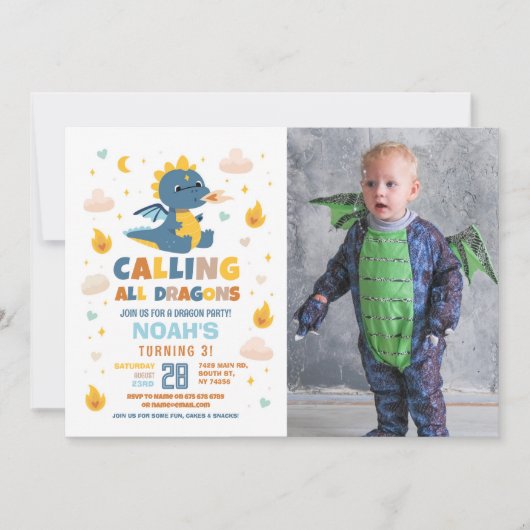 Dragon Verjaardagsfeestje Blauwe Vuur Draken Jonge Kaart (Voorkant)