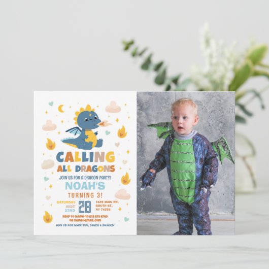 Dragon Verjaardagsfeestje Blauwe Vuur Draken Jonge Kaart (Staand voorkant)