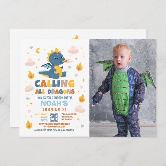 Dragon Verjaardagsfeestje Blauwe Vuur Draken Jonge Kaart (Voorkant / Achterkant)