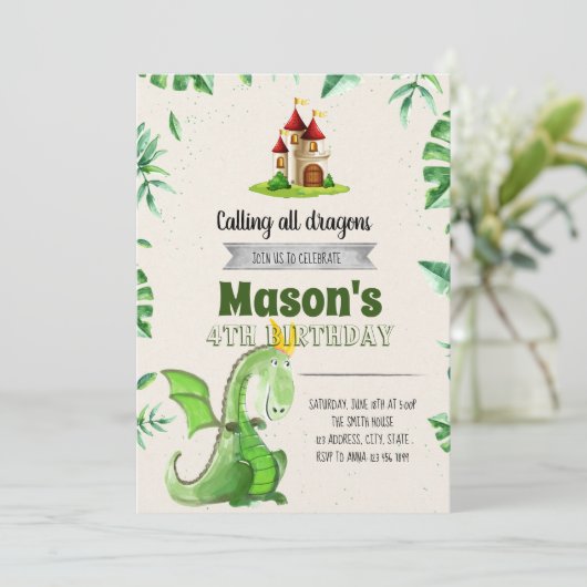 Dragon verjaardagsfeestje uitnodiging (Staand voorkant)