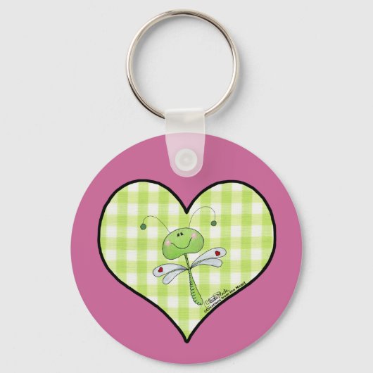 Dragon Vlieg in groen gingham hart Sleutelhanger (Voorkant)