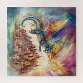 Dragon vliegen over de stad Waterverf Legpuzzel (Horizontaal)
