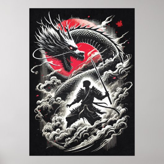 Dragon vs Samurai Warrior - Japanese Tattoo Poster (Voorkant)