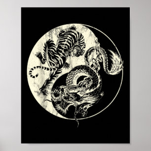Dragon vs Tiger Tattoo! Yin en Yang Beast vechten Poster