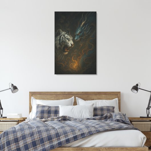 Dragon vs White Tiger – Mystical Fantasy Wall Art Canvas Afdruk (Insitu (Slaapkamer))