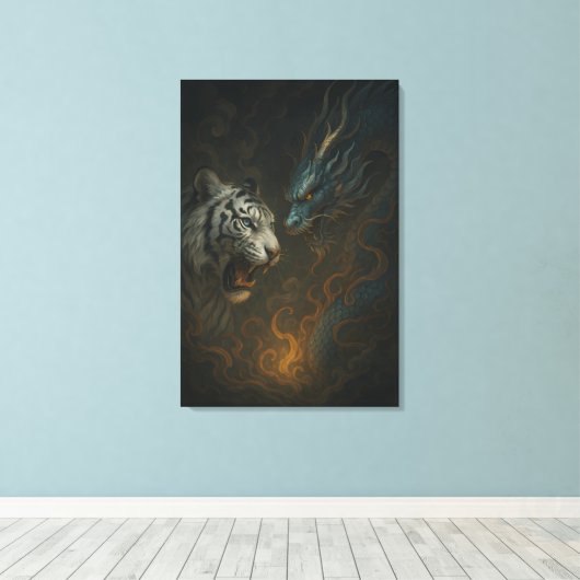 Dragon vs White Tiger – Mystical Fantasy Wall Art Canvas Afdruk (Insitu (Houten vloer))