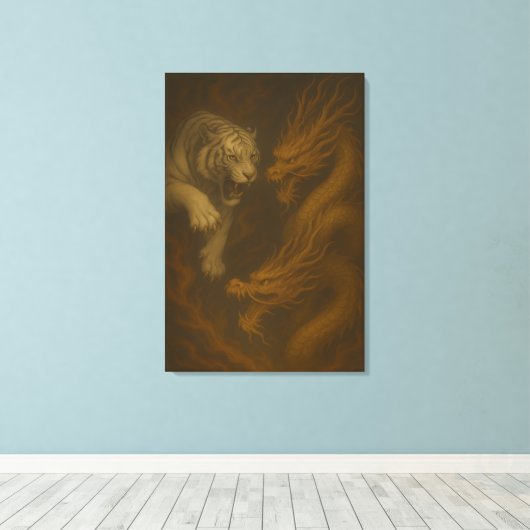 Dragon vs White Tiger – Mystical Fantasy Wall Art Canvas Afdruk (Insitu (Houten vloer))