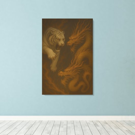 Dragon vs White Tiger – Mystical Fantasy Wall Art Canvas Afdruk (Insitu (Houten vloer))