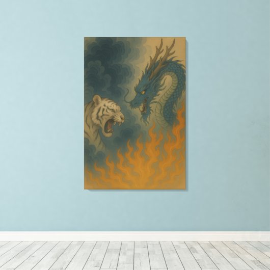 Dragon vs White Tiger – Mystical Fantasy Wall Art  Canvas Afdruk (Insitu (Houten vloer))