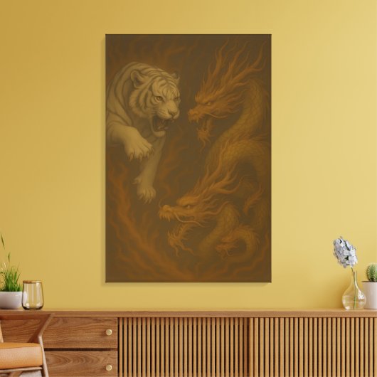Dragon vs White Tiger – Mystical Fantasy Wall Art Canvas Afdruk (Insitu (Woonkamer))