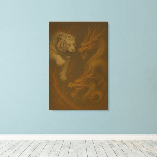 Dragon vs White Tiger – Mystical Fantasy Wall Art Canvas Afdruk (Insitu (Houten vloer))