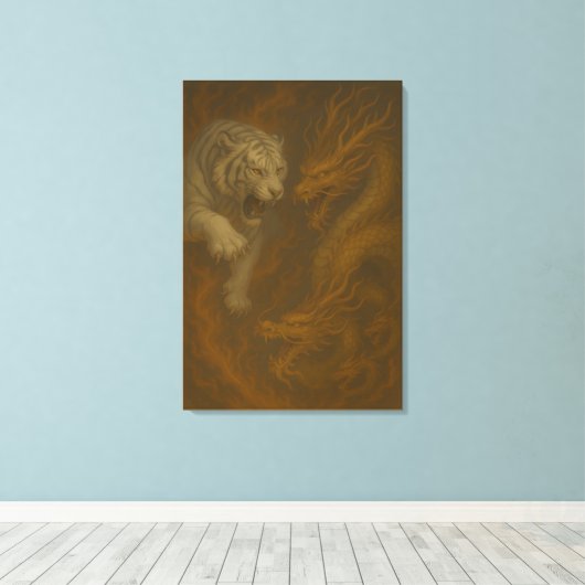 Dragon vs White Tiger – Mystical Fantasy Wall Art  Canvas Afdruk (Insitu (Houten vloer))