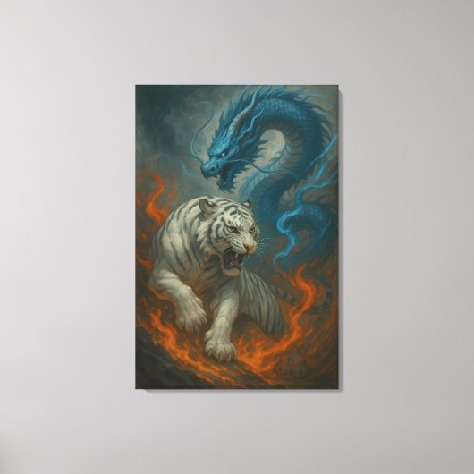 Dragon vs White Tiger – Mystical Fantasy Wall Art Canvas Afdruk (Voorkant)