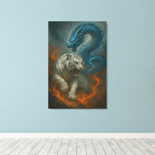 Dragon vs White Tiger – Mystical Fantasy Wall Art Canvas Afdruk (Insitu (Houten vloer))