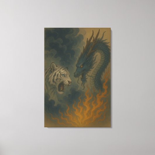 Dragon vs White Tiger – Mystical Fantasy Wall Art Canvas Afdruk (Voorkant)