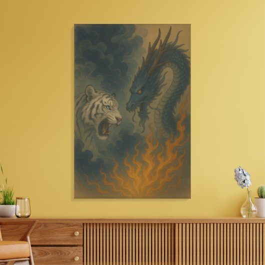 Dragon vs White Tiger – Mystical Fantasy Wall Art Canvas Afdruk (Insitu (Woonkamer))