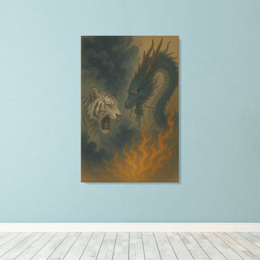 Dragon vs White Tiger – Mystical Fantasy Wall Art Canvas Afdruk (Insitu (Houten vloer))