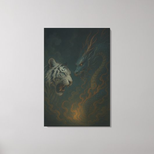 Dragon vs White Tiger – Mystical Fantasy Wall Art Canvas Afdruk (Voorkant)