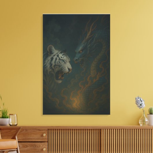 Dragon vs White Tiger – Mystical Fantasy Wall Art Canvas Afdruk (Insitu (Woonkamer))
