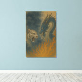 Dragon vs White Tiger – Mystical Fantasy Wall Art Canvas Afdruk (Insitu (Houten vloer))