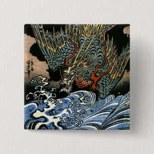 Dragon & Water Spirit Kuniyoshi Vierkante Button 5,1 Cm