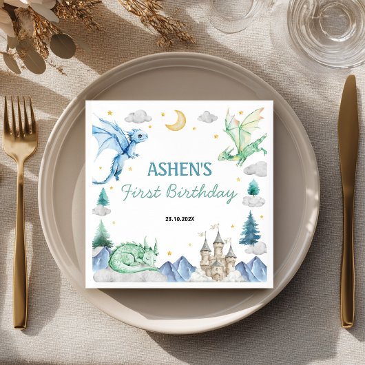 Dragon Watercolor Boy Birthday Napkin Servet