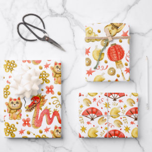 Dragon & Waving Cat   Nieuwe Chinese jaren Inpakpapier Vel