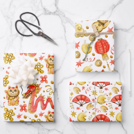 Dragon & Waving Cat | Nieuwe Chinese jaren Inpakpapier Vel (Voorkant)