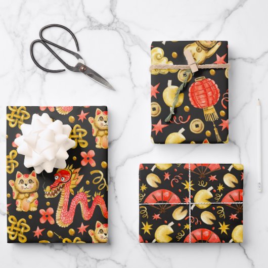 Dragon & Waving Cat | Nieuwe Chinese jaren Inpakpapier Vel (Voorkant)