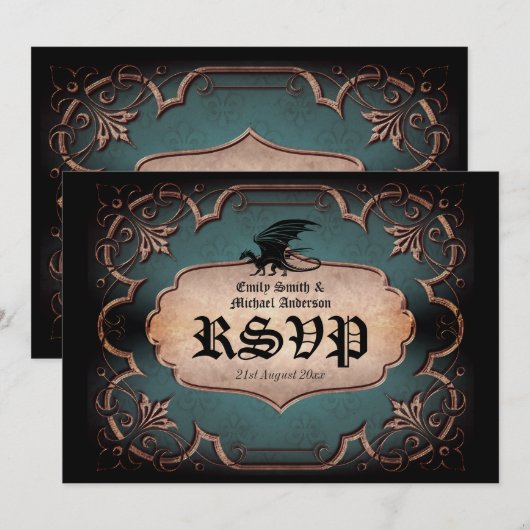 Dragon Wedding Medieval Gothic Throne RSVP Kaart (Voorkant / Achterkant)