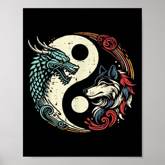 Dragon Wolf Yin Yang Chinese Mythical Zen Men Wome Poster (Voorkant)
