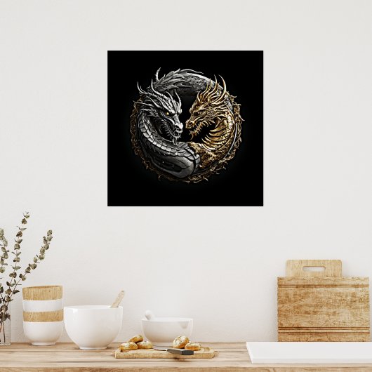 Dragon Yin Yang Art Goud en Zilver Poster (Keuken)