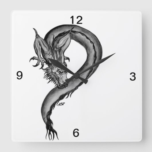 Dragon zwart-wit ontwerp vierkante klok (Voorkant)