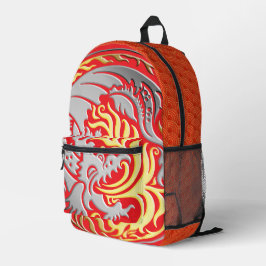 Dragoncircle - Chrome met Gouden Vuur op Rood Bedrukte Rugzak