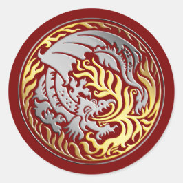 Dragoncircle - Chrome met Gouden Vuur op Rood Ronde Sticker