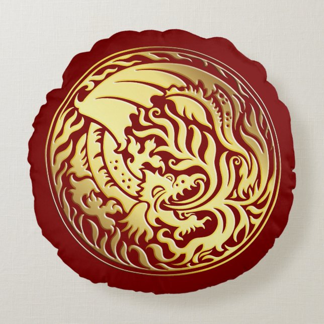 Dragoncircle - Goud op Rood Rond Kussen (Voorkant)