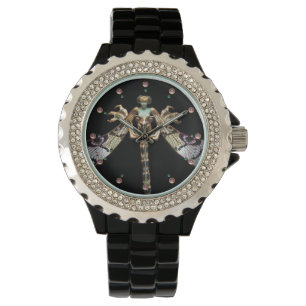 DRAGONFLES VROUW MET PINKGEMSTONES HORLOGE
