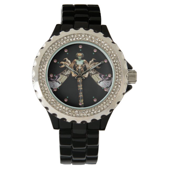 DRAGONFLES VROUW MET PINKGEMSTONES HORLOGE (Voorkant)