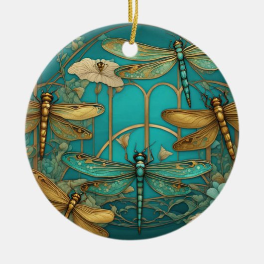 Dragonflies Art Nouveau Art Deco Blauwgroen Dragon Keramisch Ornament (Voorkant)