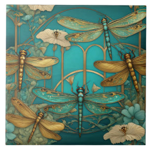 Dragonflies Art Nouveau Art Deco Blauwgroen Dragon Tegeltje