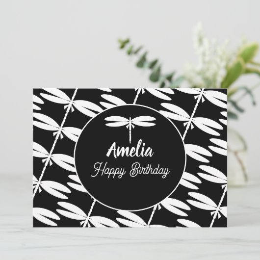 Dragonflies Birthday Party Black White Colour Feestdagenkaart (Staand voorkant)