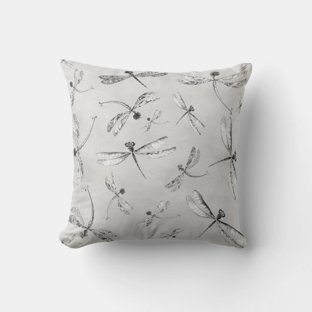 Dragonflies Black White Grey Insects Pillow Kussen (Voorkant)