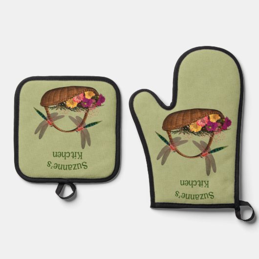 Dragonflies bloem mand gepersonaliseerd ovenwant & pannenlap set (Voorkant)