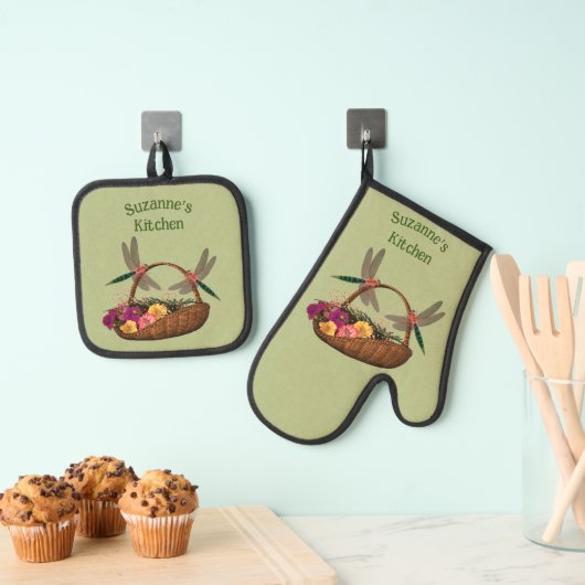 Dragonflies bloem mand gepersonaliseerd ovenwant & pannenlap set (Insitu(Ophanging))