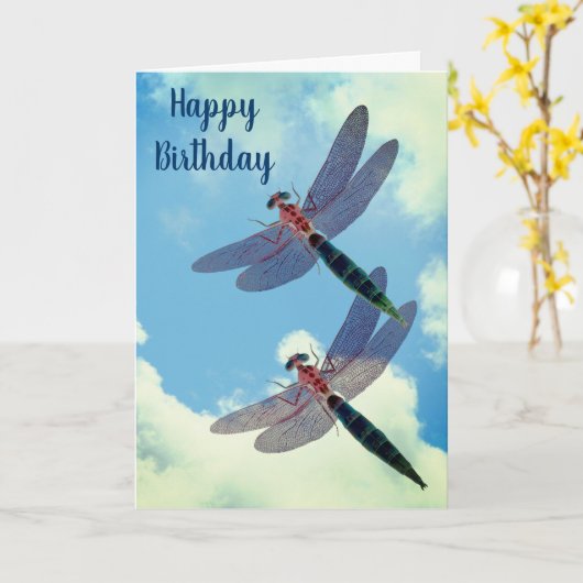 Dragonflies Blue Sky Natuur Birthday Kaart (Gele Bloem)