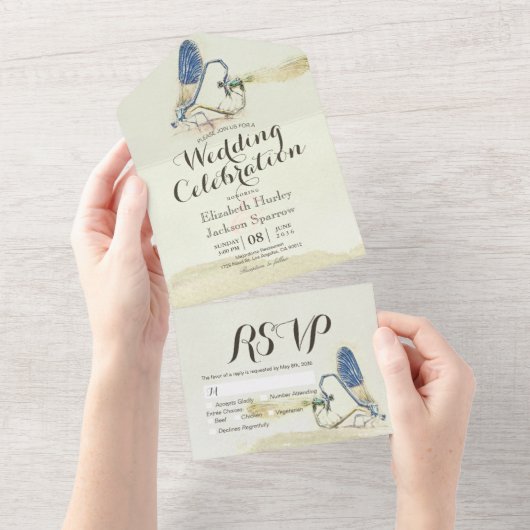 Dragonflies Couple Mating Heart Shape Weddenschap  All In One Uitnodiging (Afscheurbaar)