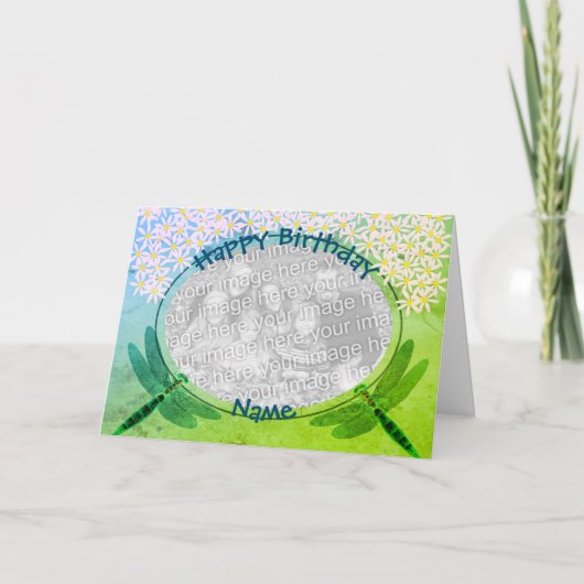 Dragonflies Daisy Personalized Photo Birthday Kaar Kaart (Voorkant)